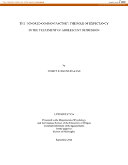 The “Ignored Common Factor”: the Role of Expectancy in the Treatment of Adolescent Depression