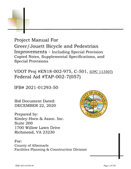 Project Manual for Greer/Jouett Bicycle and Pedestrian Improvements - Including Special Provision Copied Notes, Supplemental Specifications, and Special Provisions