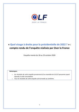 Quel Visage À Droite Pour La Présidentielle De 2022 ? » : Compte-Rendu De L’Enquête Réalisée Par Oser La France