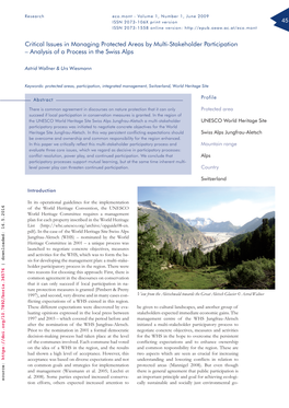 Critical Issues in Managing Protected Areas by Multi-Stakeholder Participation – Analysis of a Process in the Swiss Alps