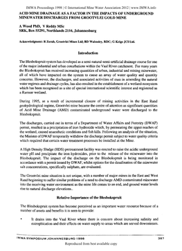 Acid Mine Drainage As a Factor in the Impacts of Underground Minewater Discharges from Grootvlei Gold Mine