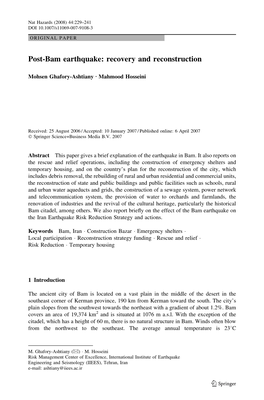 Post-Bam Earthquake: Recovery and Reconstruction