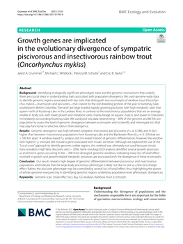 Growth Genes Are Implicated in the Evolutionary Divergence of Sympatric Piscivorous and Insectivorous Rainbow Trout (Oncorhynchus Mykiss) Jared A
