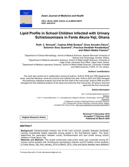 Lipid Profile in School Children Infected with Urinary Schistosomiasis in Fante Akura-Yeji, Ghana