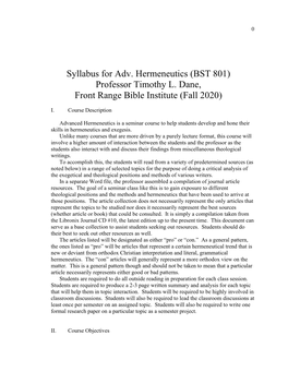 Syllabus for Adv. Hermeneutics (BST 801) Professor Timothy L. Dane, Front Range Bible Institute (Fall 2020)