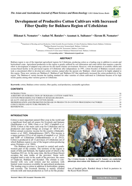 Development of Productive Cotton Cultivars with Increased Fiber Quality for Bukhara Region of Uzbekistan