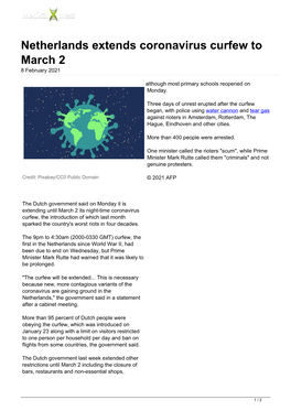 Netherlands Extends Coronavirus Curfew to March 2 8 February 2021