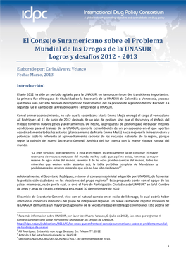 El Consejo Suramericano Sobre El Problema Mundial De Las Drogas De La UNASUR Logros Y Desafíos 2012 – 2013