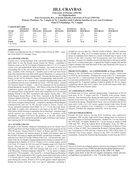JILL CRAYBAS University of Florida (1994-96) 5-3, Right-Handed East Greenwich, R.I., (Lincoln School), University of Texas (1993-94) Primary Positions: No