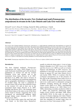 The Distribution of the Invasive New Zealand Mud Snail (Potamopyrgus Antipodarum) in Streams in the Lake Ontario and Lake Erie Watersheds