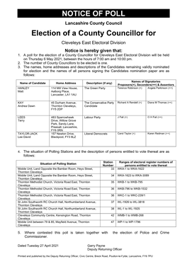 NOTICE of POLL Election of a County Councillor