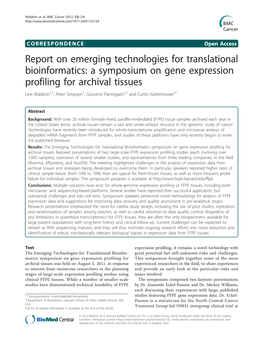 Report on Emerging Technologies for Translational Bioinformatics: a Symposium on Gene Expression Profiling for Archival Tissues