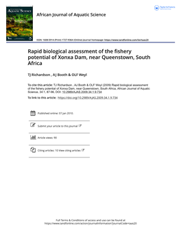 Rapid Biological Assessment of the Fishery Potential of Xonxa Dam, Near Queenstown, South Africa