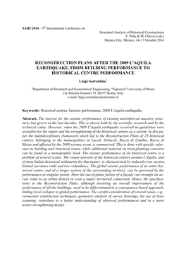 Reconstruction Plans After the 2009 L'aquila Earthquake. from Building Performance to Historical Centre Performance