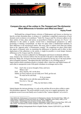 Compare the Use of the Unities in the Tempest and the Alchemist. What Differences in Function and Effect Are There? Hayley Powell