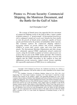 Pirates Vs. Private Security: Commercial Shipping, the Montreux Document, and the Battle for the Gulf of Aden