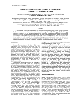 Variation of Sesamin and Sesamolin Contents in Sesame Cultivars from China