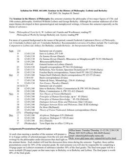 Syllabus for PHIL 661.600: Seminar in the History of Philosophy: Leibniz and Berkeley Fall 2003; Dr