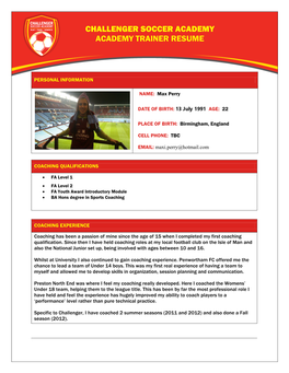 Challenger Soccer Academy Academy Trainer Resume