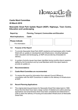 Castle Ward Committee 20 March 2018 Newcastle Great Park Update Report (NGP): Highways, Town Centre, Education and Landscaping