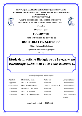 Etude De L'activité Biologique De Urospermum Dalechampii L