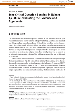 Text-Critical Question Begging in Nahum 1,2–8: Re-Evaluating the Evidence and Arguments