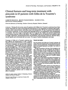 Pimozide in 65 Patients with Gilles De La Tourette's Syndrome