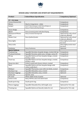 Senior Girls' Uniform and Sports Kit Requirements