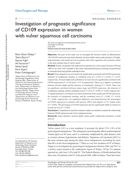 Investigation of Prognostic Significance of CD109 Expression in Women with Vulvar Squamous Cell Carcinoma