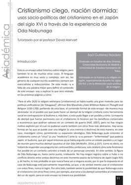 Cristianismo Ciego, Nación Dormida: Usos Socio-Políticos Del Cristianismo En El Japón Del Siglo XVI a Través De La Experiencia De Oda Nobunaga