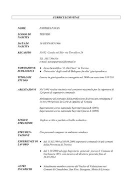 Curriculum Pavan Patrizia -.:: Comune Di San Fior