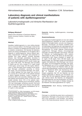 Laboratory Diagnosis and Clinical Manifestations of Patients with Dysfibrinogenemia1) Laboratoriumsdiagnostik Und Klinische Manifestation Der Dysfribrinogena¨ Mie