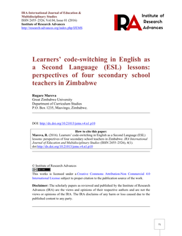 Learners' Code-Switching in English As a Second Language