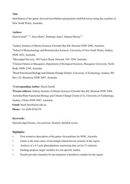 Title Distribution of the Genus Alexandrium (Halim) and Paralytic Shellfish Toxins Along the Coastline of New South Wales, Australia