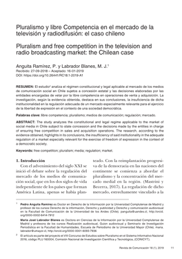 Pluralismo Y Libre Competencia En El Mercado De La Televisión Y Radiodifusión: El Caso Chileno