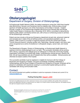 Otolaryngologist Department of Surgery, Division of Otolaryngology at Scarborough Health Network (SHN), the Patient Experience Comes First