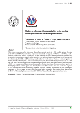 Studies on Influence of Human Activities on the Species Diversity of Odonata in Parts of Lagos Metropolis