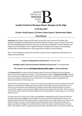 London Festival of Baroque Music: Baroque at the Edge 12-20 May 2017 St John’S Smith Square / St Peter's Eaton Square / Westminster Abbey Press Release