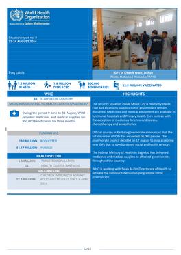 WHO HIGHLIGHTS 65 STAFF in the COUNTRY MEDICINES DELIVERED to HEALTH FACILITIES/PARTNERS* the Security Situation Inside Mosul City Is Relatively Stable