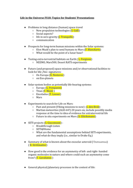 Life in the Universe FS18: Topics for Students' Presentations Problems