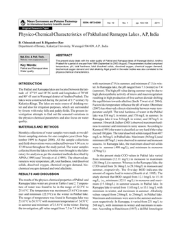 Physico-Chemical Characteristics of Pakhal and Ramappa Lakes, A.P, India