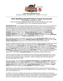 2013 Spalding Hoophall Classic Teams Announced