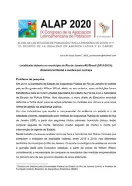 Letalidade Violenta No Município Do Rio De Janeiro-RJ/Brasil (2015-2019): Dinâmica Territorial E Mortes Por Cor/Raça