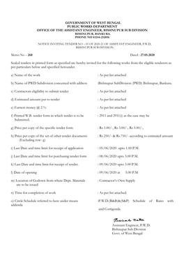 Sealed Tenders in Printed Form As Specified Are Hereby Invited for the Following Works from the Eligible Tenderers As Per Particulars Below and Specified Hereunder