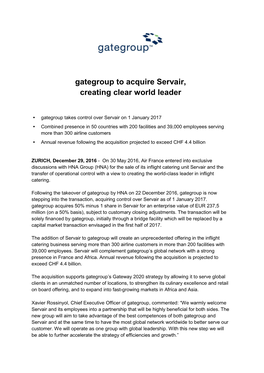 Gategroup to Acquire Servair, Creating Clear World Leader