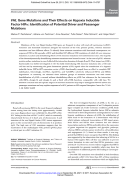 VHL Gene Mutations and Their Effects on Hypoxia Inducible Factor Hifa: Identification of Potential Driver and Passenger Mutations