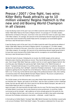 Killer Belly Raab Attracts up to 10 Million Viewers/ Regina Halmich Is the New and Old Boxing World Champion in All Classes