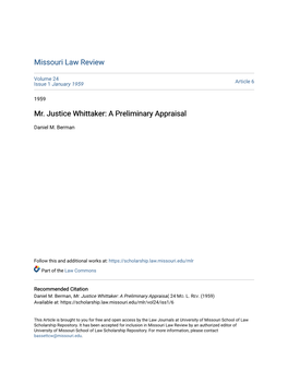 Mr. Justice Whittaker: a Preliminary Appraisal