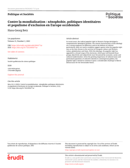 Contre La Mondialisation : Xénophobie, Politiques Identitaires Et Populisme D’Exclusion En Europe Occidentale Hans-Georg Betz