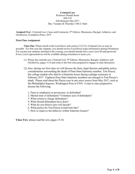 Criminal Law Professor Donald Stone 604-319 Fall Semester Day 2017 Day: Tuesday & Thursday 1:00-2:15Pm